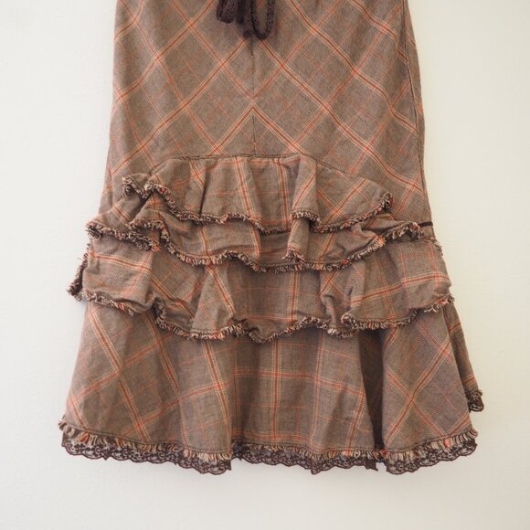 Free People Brown Tartan Plaid Lace Trim Skirt sz 4 - Picture 6 of 8